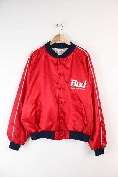 Vintage Budweiser red satin bomber jacket with "king of beers" branding on the chest and back.  good condition  Size in Label: Mens L - Measures like an XL