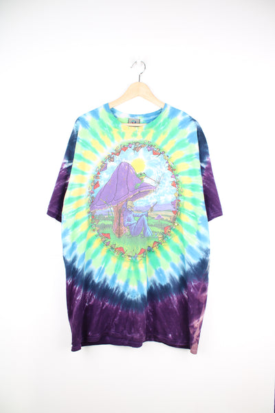 Vintage 2000 Liquid Blue Grateful Dead skeleton and frog on a mushroom tie dye tee, features printed graphic on the front  