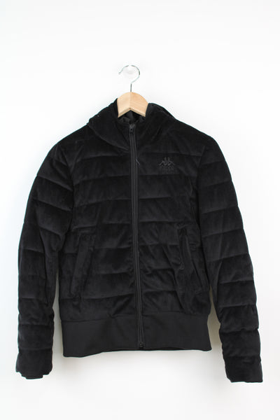 Kappa black velour zip through puffer jacket embroidered logo on chest 