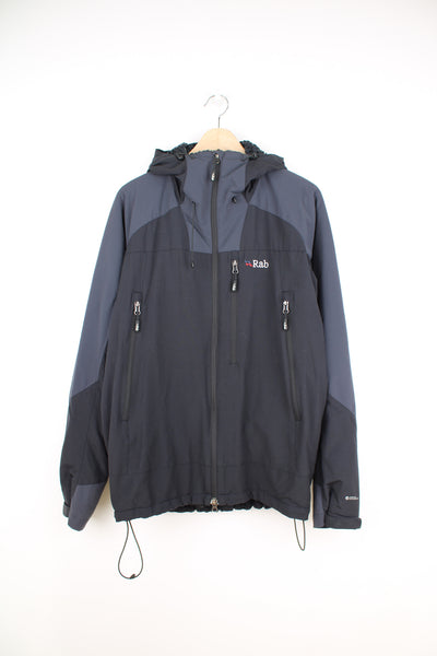 Rab Vapour-Rise Jacket in a black and grey colourway, zip up, fleece lining, multiple pockets, hooded and has the logo embroidered on the front.
