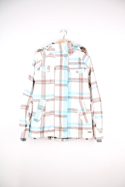 Animal Technical Jacket in a white, blue and brown patterned colourway, zip up, insulated, multiple pockets, hooded with faux fur attachment and has the logo embroidered on the front.