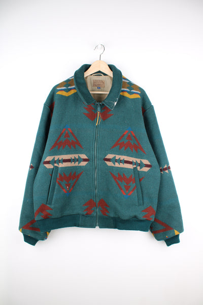 Vintage Pendleton made in the USA, western style wool zip through bomber jacket in a teal green