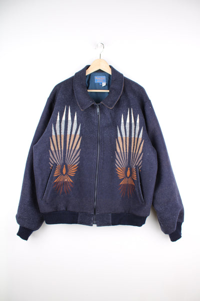 Vintage Pendleton, made in the USA  navy zip through wool bomber jacket with western style motifs on the front and back