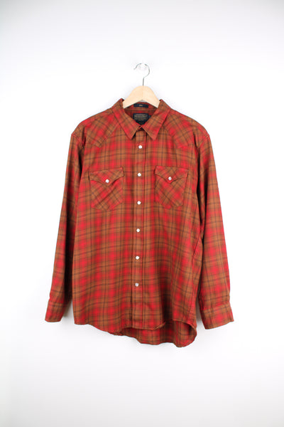 Pendleton 100% wool red/brown plaid shirt with pearl snap buttons and western yoke on the front and back 