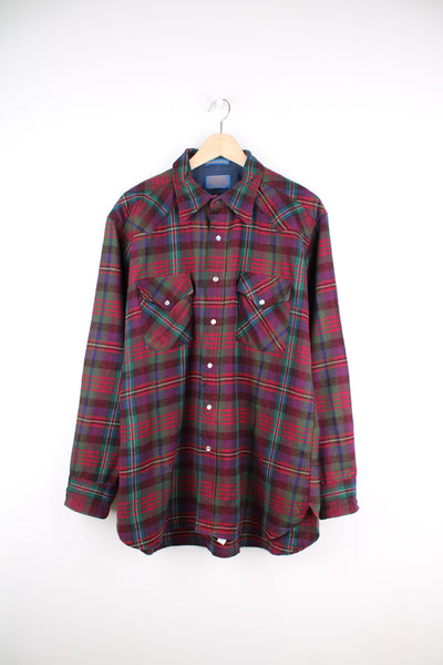 Pendleton made in the USA 100% wool red/purple plaid shirt with pearl snap buttons and western yoke on the front and back 