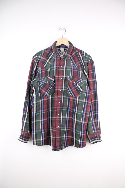 Vintage 90's Osh Kosh B'gosh button up cotton shirt in red/green/blue plaid pattern, features western yoke on the front/back and pearl snap buttons