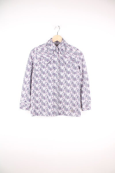 Vintage 1970's women's button up blouse/shirt with dagger collar, features all over purple abstract diamond pattern
