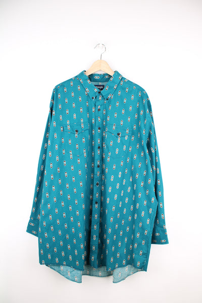 Vintage Wrangler button up shirt in teal blue/green, features all over western style print and yoke on the back