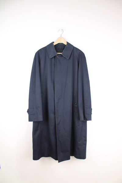 Vintage made in England for Harrods navy blue Burberry button up mac coat with blue nova check lining 