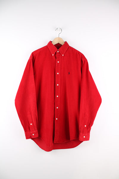 Ralph Lauren Corduroy Shirt in a red colourway, button up, and has the logo embroidered on the front.