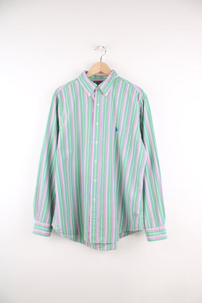 Ralph Lauren Shirt in a green, pink, white and blue striped colourway, button up and has the logo embroidered on the front.