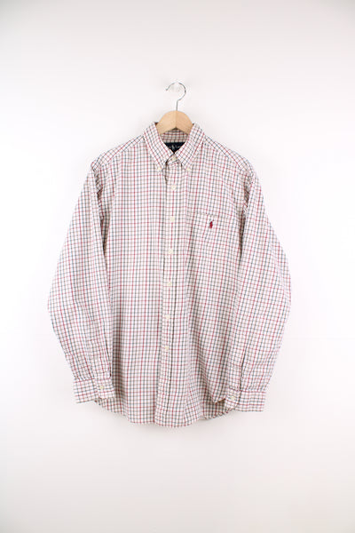 Ralph Lauren Shirt in a white, green and red plaid colourway, button up with a chest pocket and has the logo embroidered on the front.
