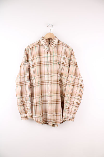 Ralph Lauren Shirt in a tan, brown and green plaid colourway, button up and has the logo embroidered on the front.