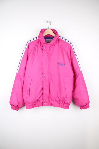 Vintage made Kappa in Italy puffer style sports coat in pink, features embroidered logo on the chest, foldaway hood and branded ribbon down the sleeves