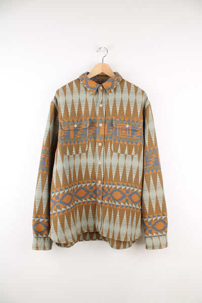 Ralph Lauren, RRL Navajo Work Shirt in a brown, orange and blue colourway, aztec pattern design, button up and has double chest pockets.