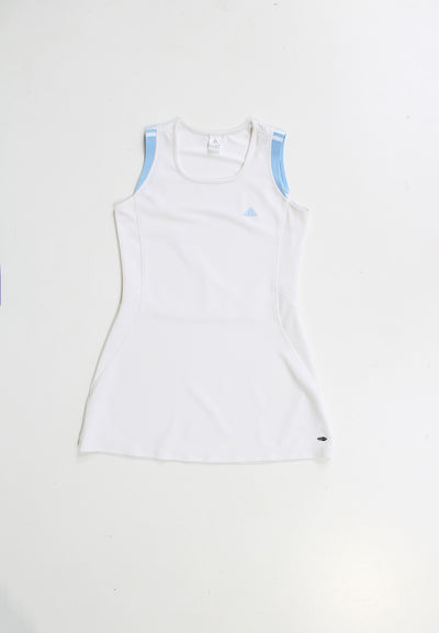 Adidas white with baby blue tennis dress, features embroidered logo on the chest 