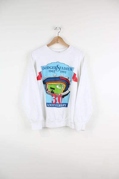 Vintage Dodgers Stadium, 30th Anniversary graphic sweatshirt in white. Made in the USA by Fruit of the Loom 