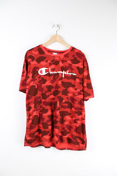 Bape x Champion red camo T-shirt with Champion spell-out across the chest. 