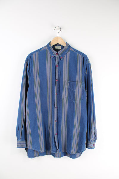Vintage 90's Guess, blue striped cotton shirt features embroidered logo on the chest