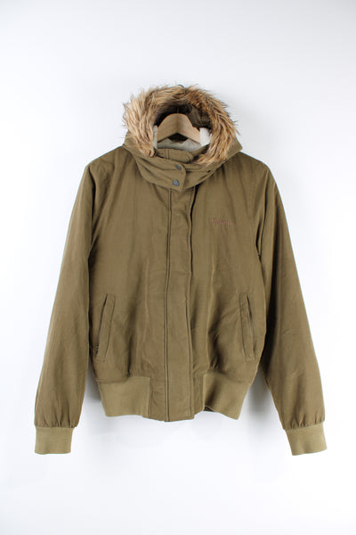 Vintage Bench zip through, khaki green cropped jacket features faux trim, pockets and embroidered logo on the front