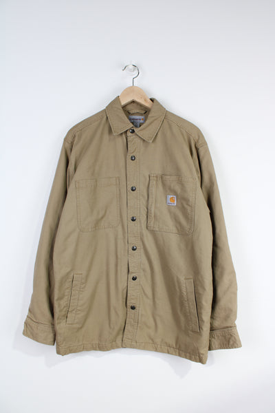 Carhartt tan, blanket lined button up shirt with branded chest pocket