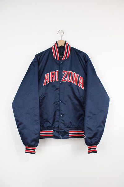 Vintage 80's Arizona Wildcats satin varsity bomber Jacket, made by Starter. Features embroidered Arizona spellout on the chest and closes with snap buttons down the front.  Good Condition Size in Label: Mens XL