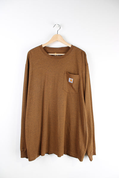 Carhartt long sleeved t-shirt in brown with branded chest pocket.