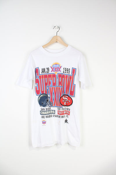Vintage 1995 single stitch Super Bowl graphic t-shirt by Apex One. Features spell-out graphic of San Diego Chargers V San Francisco 49ers.