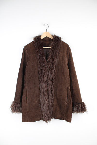 Y2K New Look brown short velvet afghan coat with a faux fur trim.