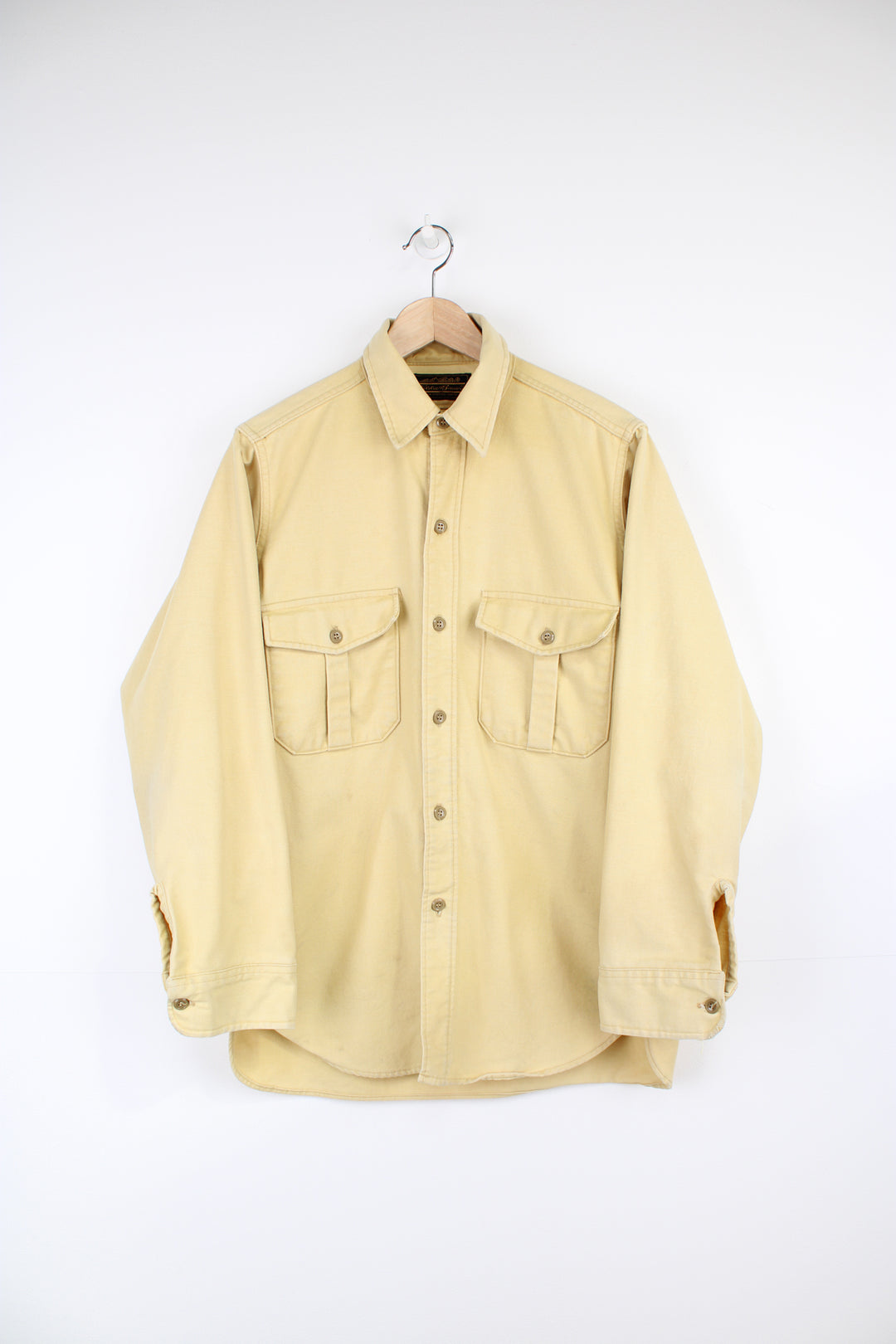 Vintage pale yellow cotton work shirt by Eddie Bauer, made in the USA