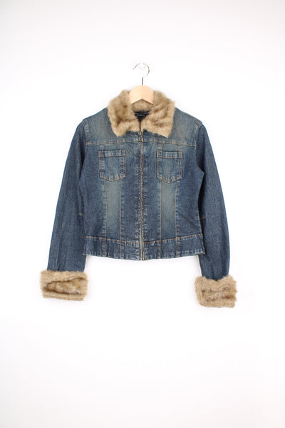 Y2K zip through denim jacket with faux fur trim on the collar and cuffs  