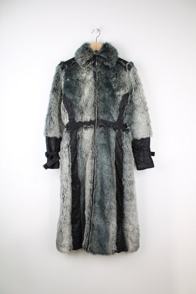 Vintage Y2K Afghan style faux fur coat in grey and black made from faux suede with faux fur trim. Closes with full zip