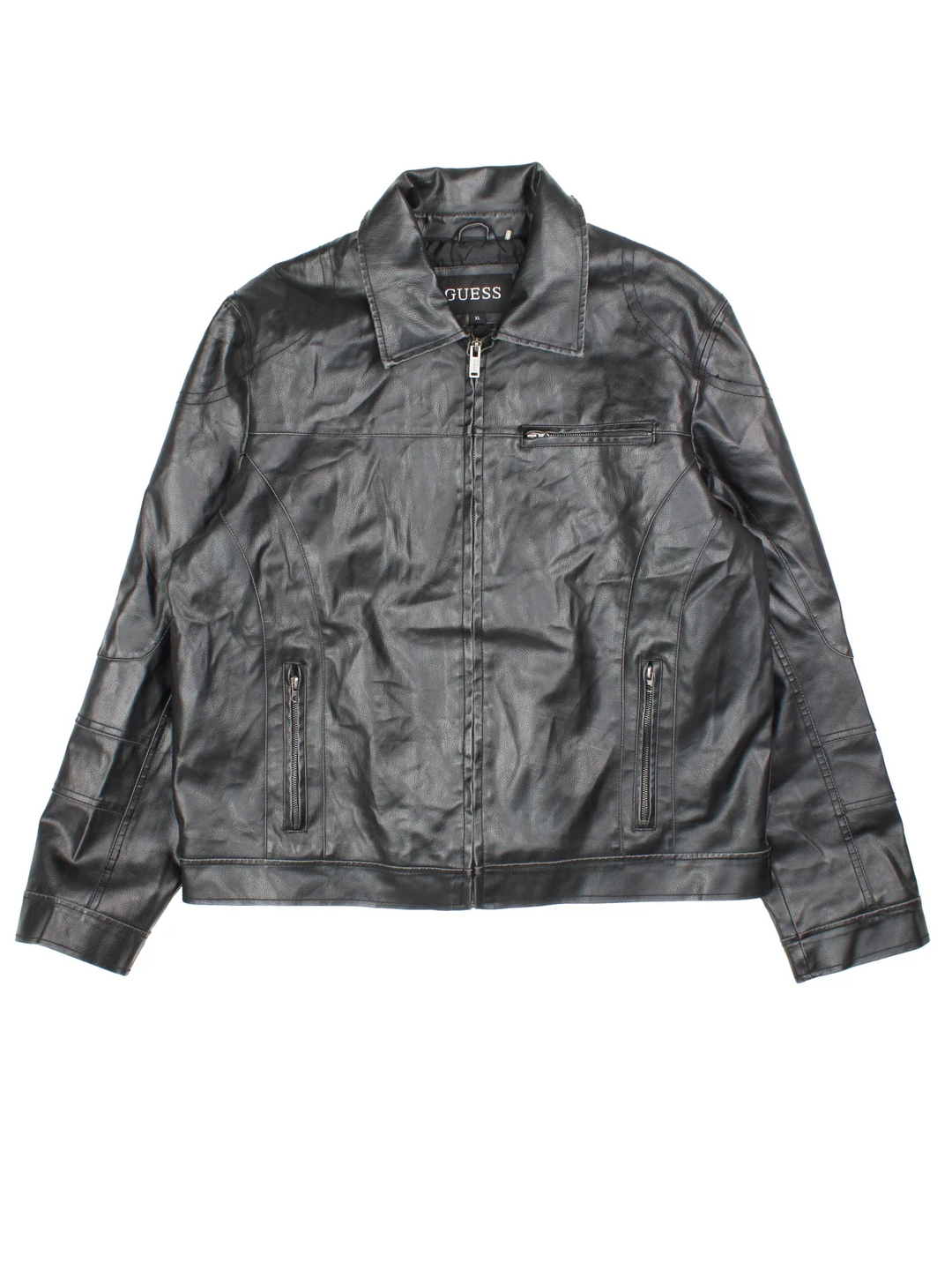 Vintage Guess Leather Jacket in a black colourway. Zips up and has multiple pockets.