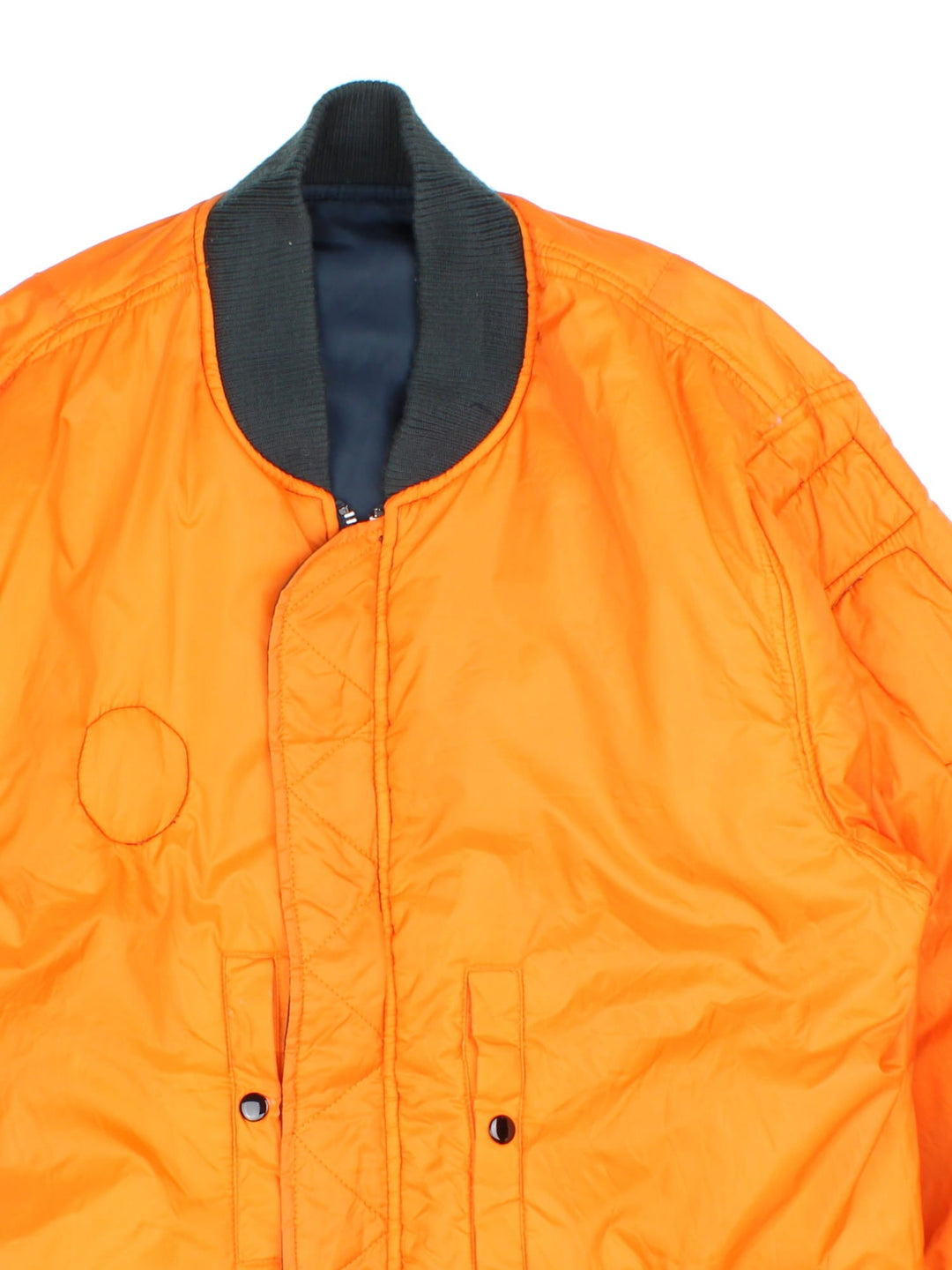 Vintage College Park Fire Department MA1 Reversible Bomber Jacket in either a blue or orange colourway options. Zips up and has side pockets, insulated, and has badge logos embroidered on the front and sleeves.