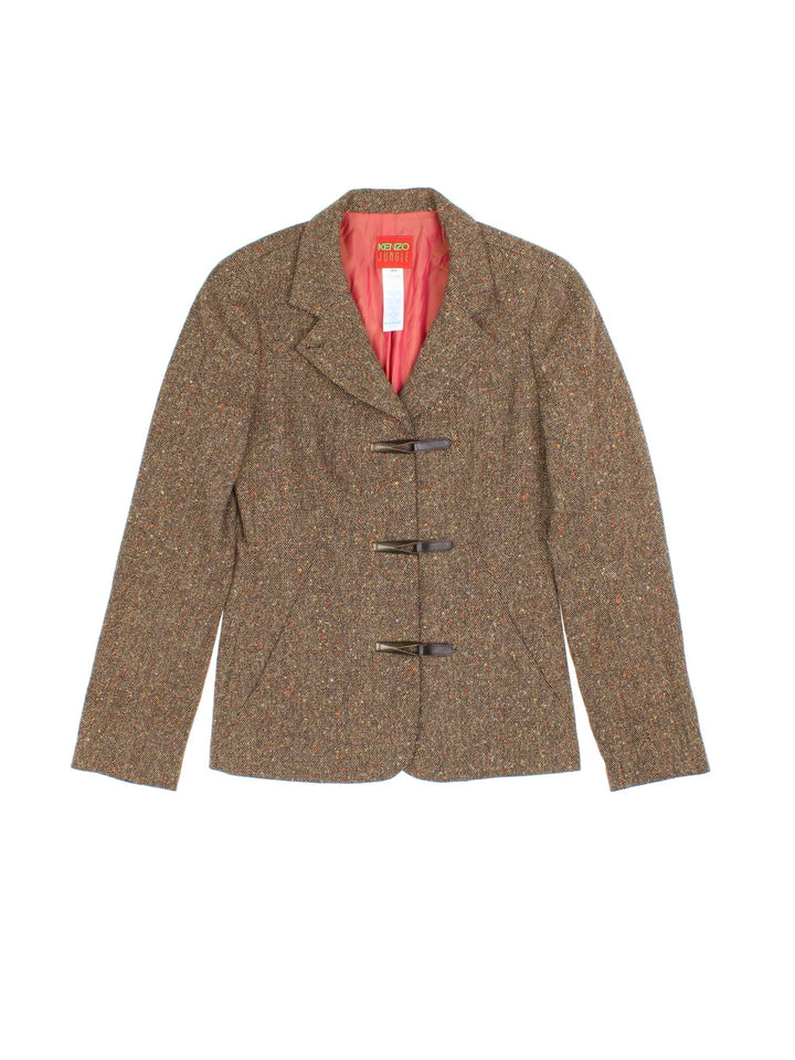 Vintage Kenzo Tweed Blazer in a brown colourway. Three clasp closure, has side pockets, and a big collar.