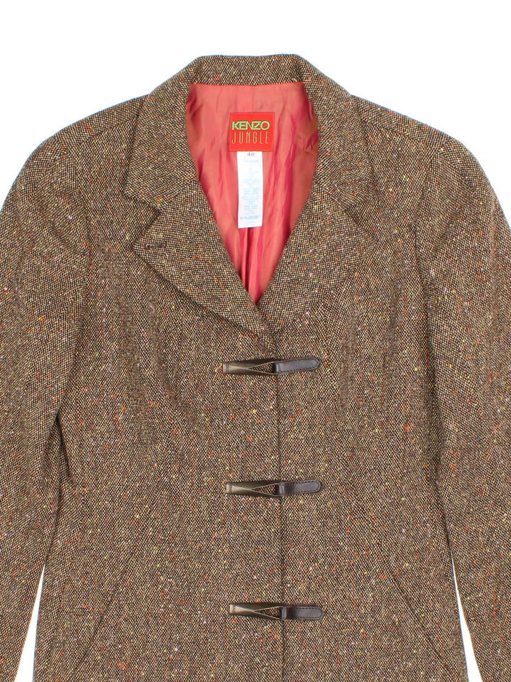 Vintage Kenzo Tweed Blazer in a brown colourway. Three clasp closure, has side pockets, and a big collar.