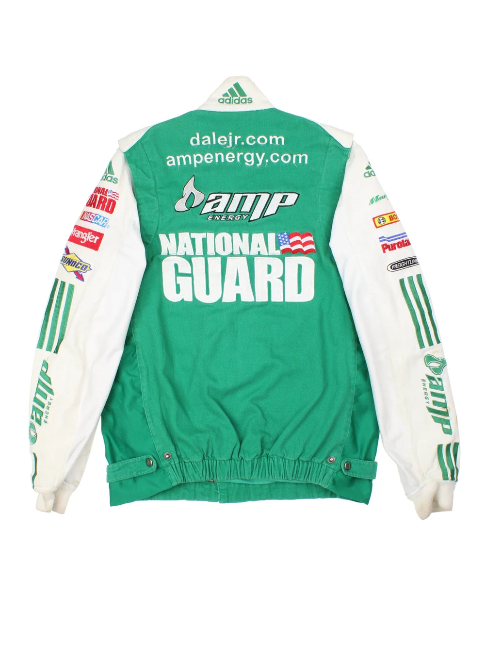 Vintage Adidas Dale Earnhardt Nascar Jacket in a green/white colourway. Zip up fastening, with side pockets and cuffed collar/cuffs. Logos and sponsors embroidered all over.