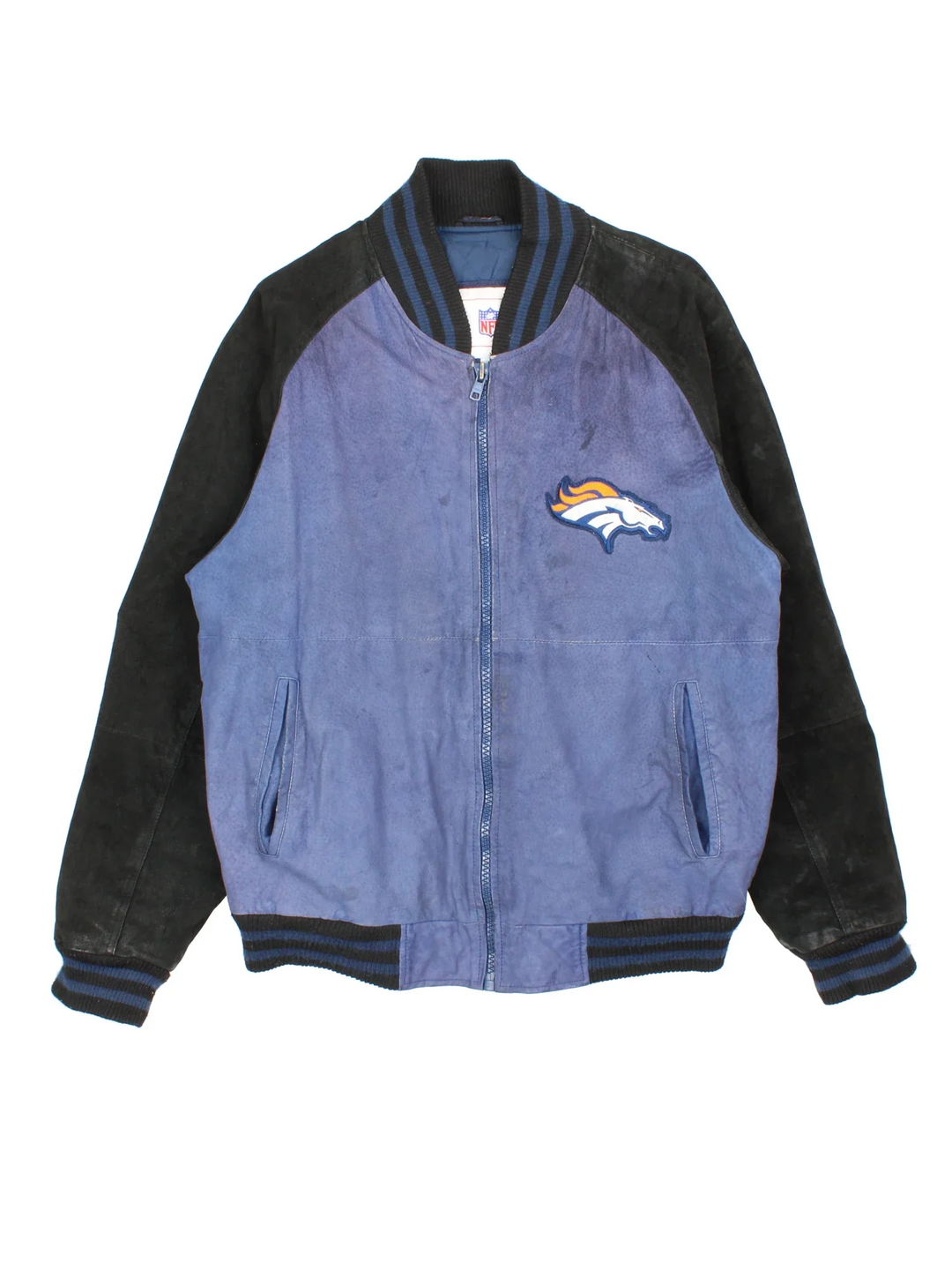 Vintage Denver Broncos NFL Suede Varsity Jacket in a blue colourway with black panelling. Full zip up with two front pockets, small logo on the chest and large team logo on the back.