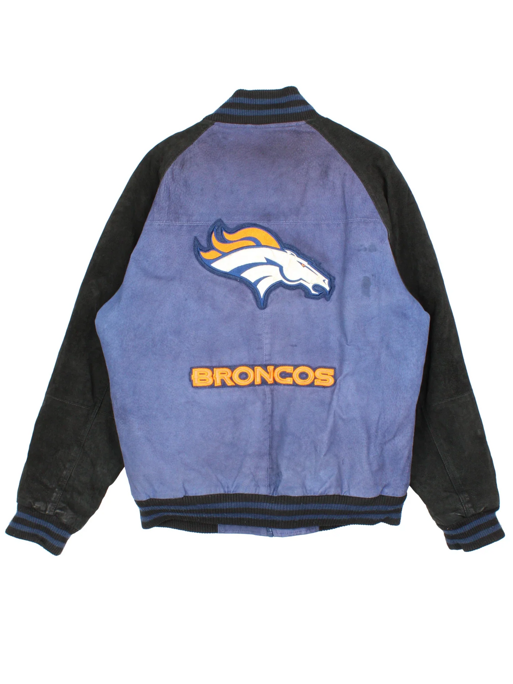 Vintage Denver Broncos NFL Suede Varsity Jacket in a blue colourway with black panelling. Full zip up with two front pockets, small logo on the chest and large team logo on the back.