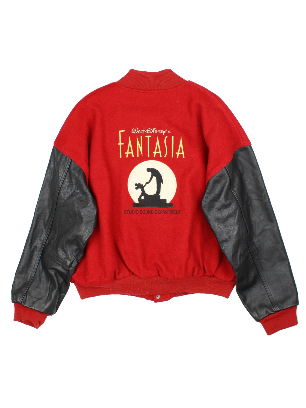 1940 Fantasia Disney Studios Bomber Jacket in a red colourway with black leather panelling on the sleeves. Buttons up and has side pockets, insulated with a quilted lining, and has the logos embroidered on the front, with large graphic on the back.