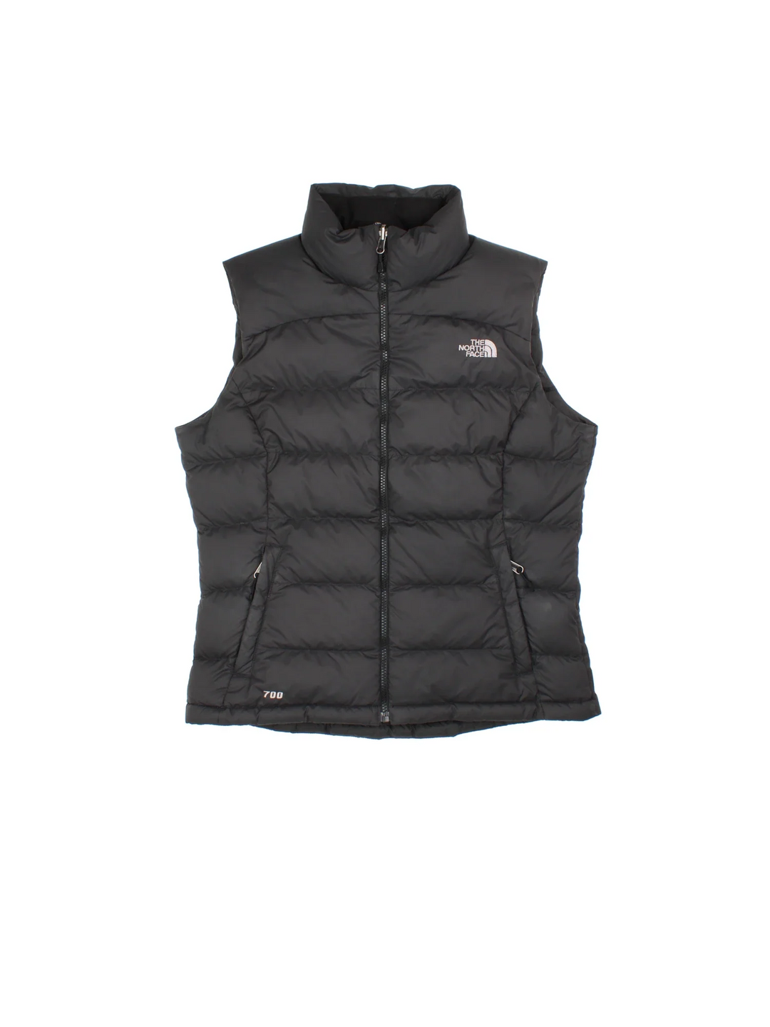 The North Face Gilet in a black colourway. Full zip with two front pockets and small classic logo on the front.