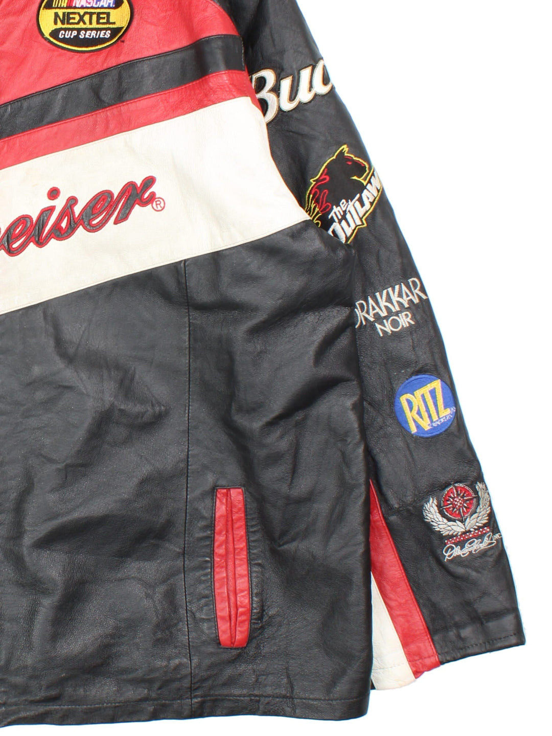 Vintage Nascar Chase Budweiser Dale Earnhardt Jr. Jacket in a black, red and white colourway. Zips up and has side pockets, and the logos and sponsors embroidered all over.
