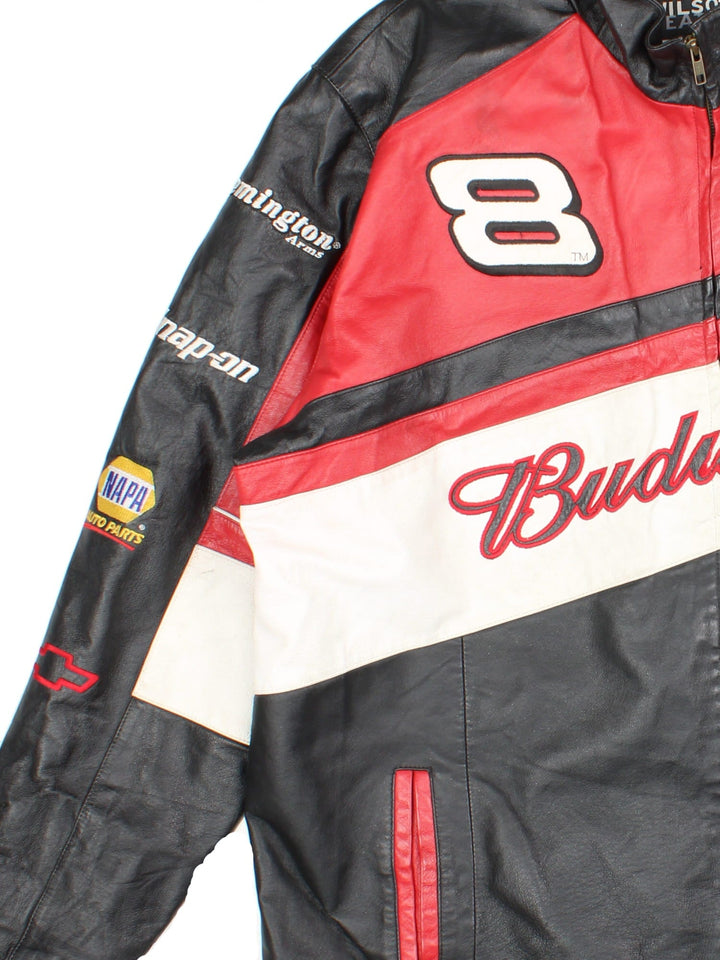 Vintage Nascar Chase Budweiser Dale Earnhardt Jr. Jacket in a black, red and white colourway. Zips up and has side pockets, and the logos and sponsors embroidered all over.