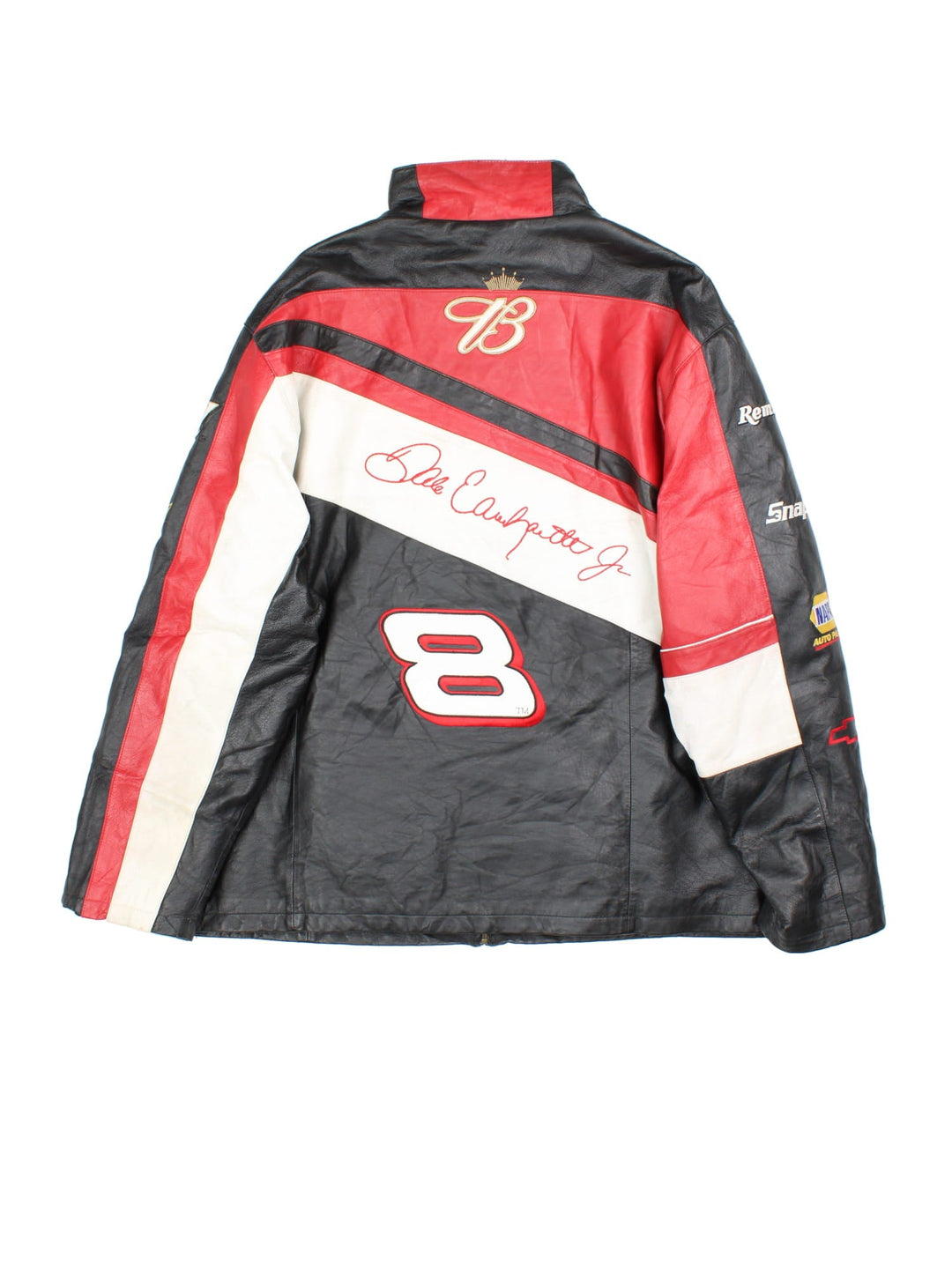 Vintage Nascar Chase Budweiser Dale Earnhardt Jr. Jacket in a black, red and white colourway. Zips up and has side pockets, and the logos and sponsors embroidered all over.