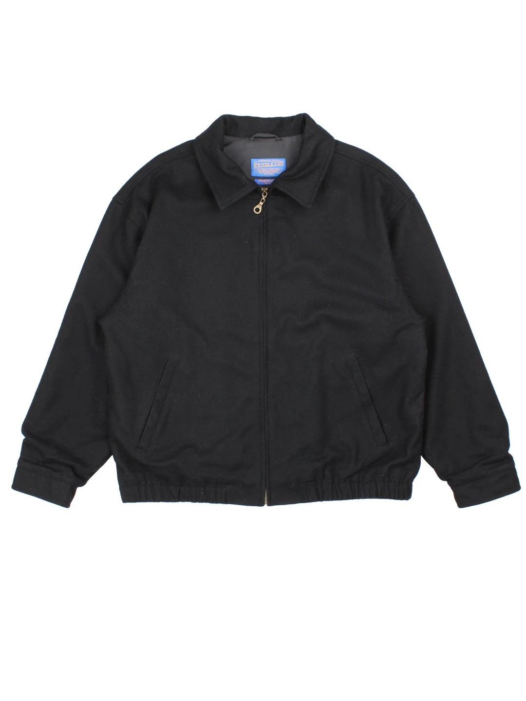 Pendleton  Virgin Wool Harrington Jacket  in a black colourway. Zips up, with side pockets and elasticated hems/cuffs..