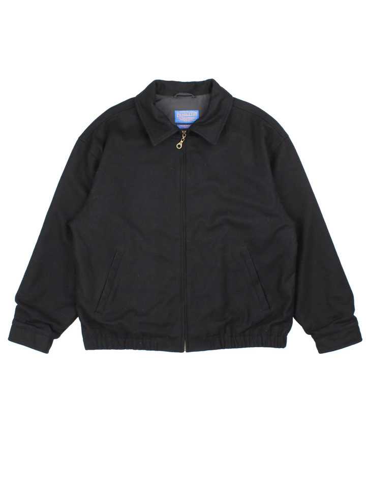Pendleton  Virgin Wool Harrington Jacket  in a black colourway. Zips up, with side pockets and elasticated hems/cuffs..