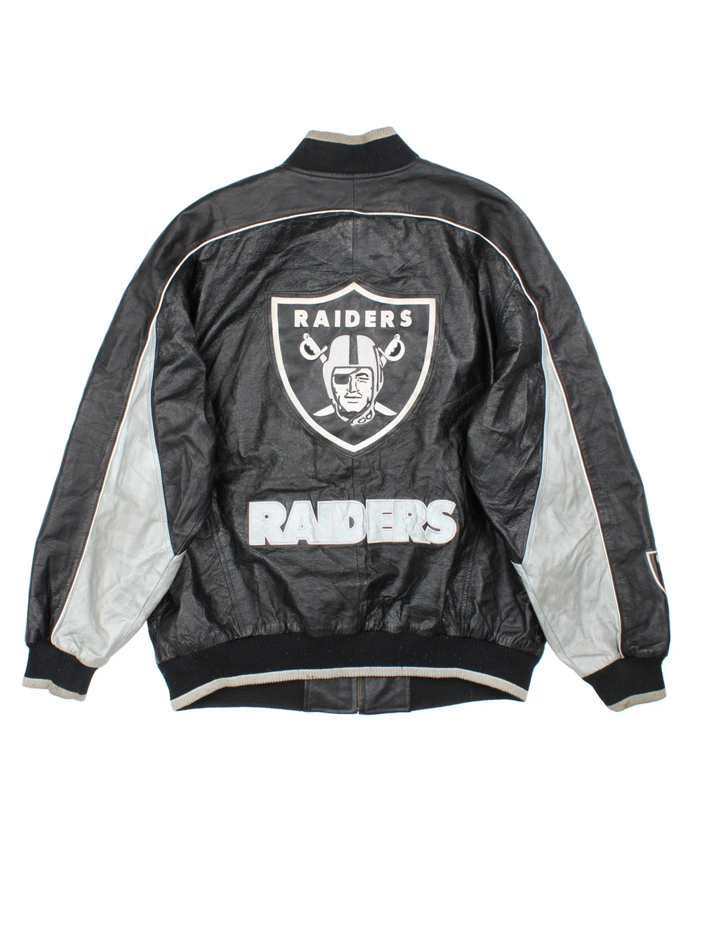 90's NFL Oakland Raiders Leather Bomber Jacket in a black/grey colourway. Zip fastening, side pockets, satin lining and embroidered branding on front/back.