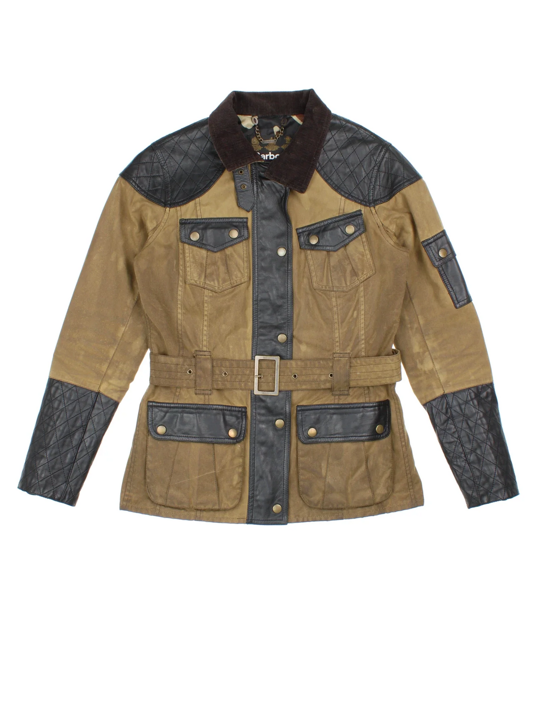 Barbour x Temperly London Wax Jacket  in a green/black colourway. Zip/popper fastening, multiple pockets, waist belt detail and leather patch detail.