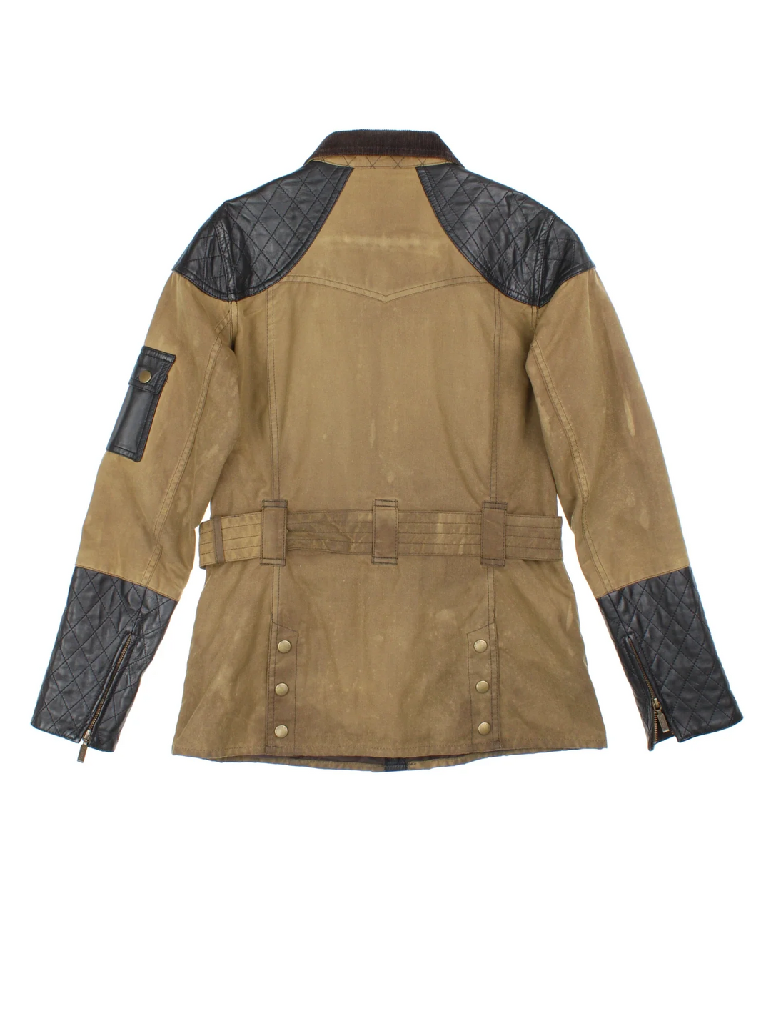 Barbour x Temperly London Wax Jacket  in a green/black colourway. Zip/popper fastening, multiple pockets, waist belt detail and leather patch detail.