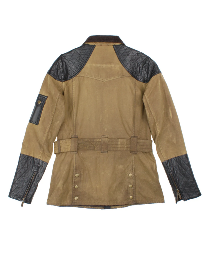 Barbour x Temperly London Wax Jacket  in a green/black colourway. Zip/popper fastening, multiple pockets, waist belt detail and leather patch detail.